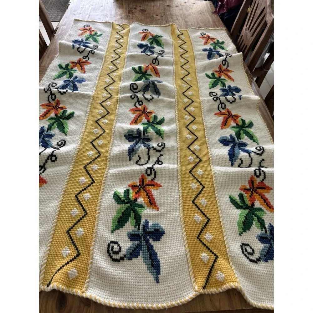 Vintage Hand Needlepoint Floral Afghan Cottagecore Farmhouse Wall Art 42x62